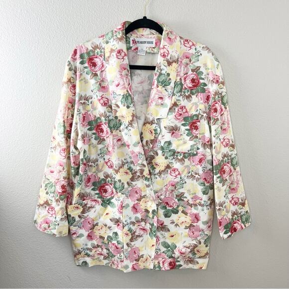 Vintage 80s Peabody House Floral Rose Print Blazer Jacket Pastel Longline Medium - Picture 6 of 10